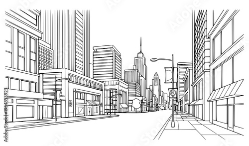 Hand drawn modern city street sketch black and white urban architecture line vector illustration