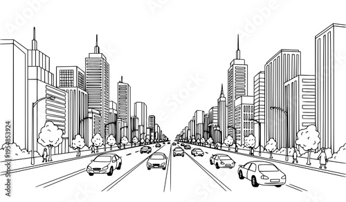 Black and white city avenue sketch with buildings cars and street elements hand drawn vector
