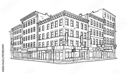 Hand drawn city street corner sketch black and white urban architecture concept vector illustration