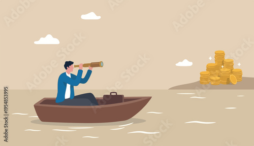 Financial planning target, vision an strategy financial freedom retirement saving goal concept, businessman salary man investor riding the boat using telescope to see far golden money coin