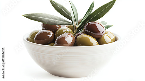Glossy Green and Brown Olives in Ceramic Bowl with Olive Leaves