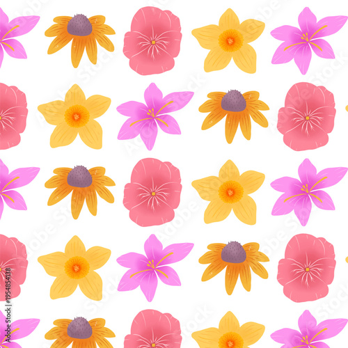 Spring Flower Pattern with Pansy Daffodil Crocus and Cosmos