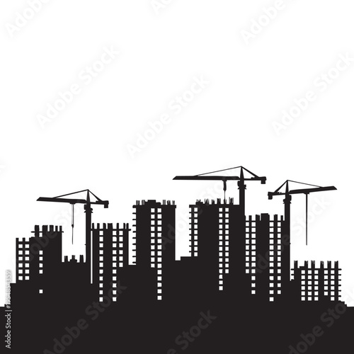 Construction site silhouette featuring cranes and rising concrete buildings