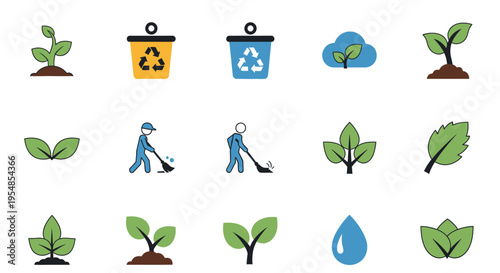 Collection of Ecology and Environmental Sustainability Icons, Isolated White Background