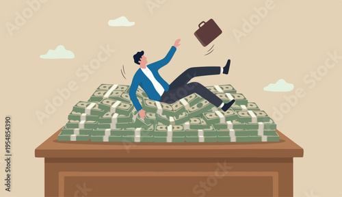 Insurance, reserve money or emergency fund on business failure, mistake or accident, compensation money support and cushion concept, fail businessman falling huge big desk money banknotes safety