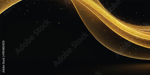Golden abstract ribbon of light with glitter particles on black background - elegant motion background with light wave