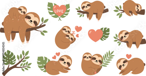 Collection of cute sloth characters in various poses with tropical leaves and hearts