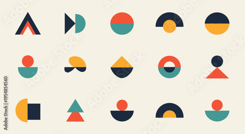 Collection of Abstract Geometric Shapes and Minimalist Figures in Various Colors on Light Beige Background