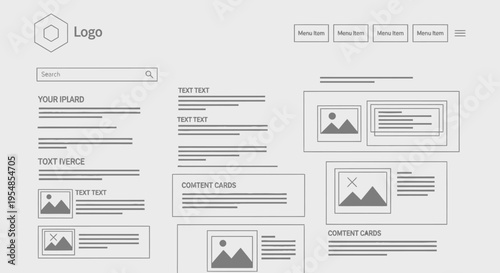 Simple Web Page Wireframe Layout with Logo, Search Bar, Menu, Text Sections, and Image Cards on a clean white background.
