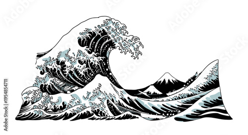 Powerful Japanese Style Ocean Wave with Distant Mountains, Traditional Art Illustration, isolated white background.