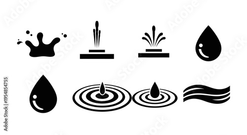 Collection of Black Water Drop, Splash, Ripple, and Wave Icons, Abstract Liquid Elements, isolated white background.