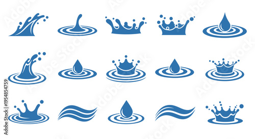 Collection of Blue Water Drop, Splash, Ripple, and Wave Icons, Clean Liquid Elements, isolated white background.