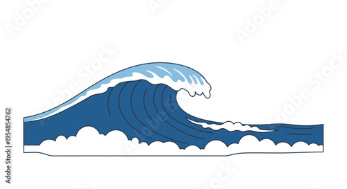 Large Blue Ocean Wave Crashing with White Foam, Dynamic Sea Illustration, isolated white background.