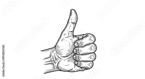 Hand Showing Thumbs Up Gesture in Detailed Engraving Style, Symbolizing Approval and Success, isolated white background.