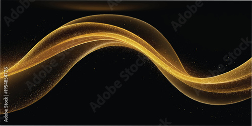 Golden wave with sparkling particles on a black background, abstract futuristic motion and energy concept, dynamic light streak, gold wave