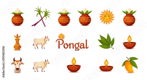 Happy Pongal Festival Icons: Sugarcane, Pot, Cow, Sun, Mango, Leaves, Diya