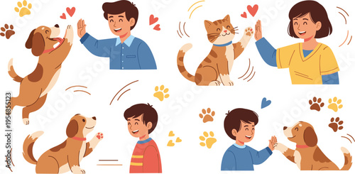People and pets high five interaction set, happy dog and cat training and bonding moments vector illustration