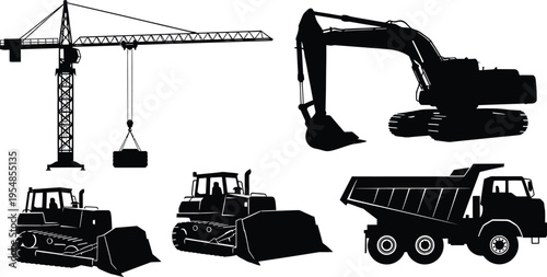 construction site machinery and equipment set flat design vector illustration