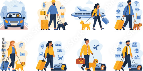 People traveling with pets set, airport journey and vacation with dogs cartoon vector illustration collection