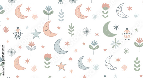 Whimsical Celestial Pattern: Cute Moon, Stars, and Flowers on White Background