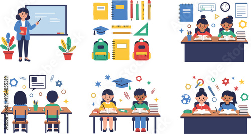 School classroom learning set with teacher students books and supplies, education concept vector illustration collection