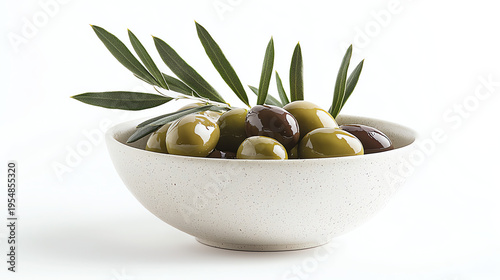 Glossy Green and Brown Olives in Ceramic Bowl with Olive Leaves