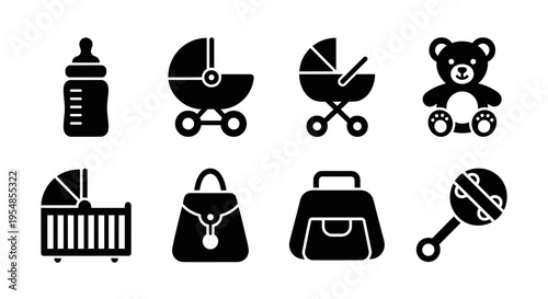 Baby Icons: Stroller, Crib, Bottle, Teddy Bear, Rattle, Diaper Bag