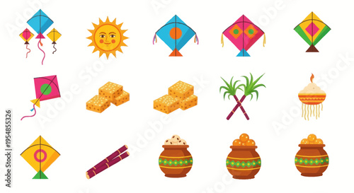 Makar Sankranti Festival Icons: Kites, Sun, Sugarcane, Pot, Hay Bales