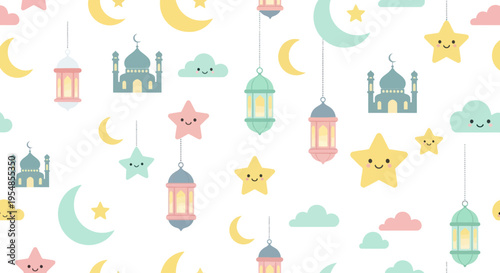 Cute Ramadan Pattern: Mosques, Lanterns, Stars, Moon, Clouds - Kids Design