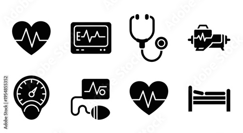 Medical Icons Set: Heartbeat, ECG, Stethoscope, Blood Pressure Monitor, Bed