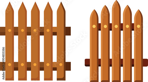 Set of brown wooden picket fence panels and garden gates isolated on white background, featuring a rustic timber plank texture for rural farm protection and barrier design illustration