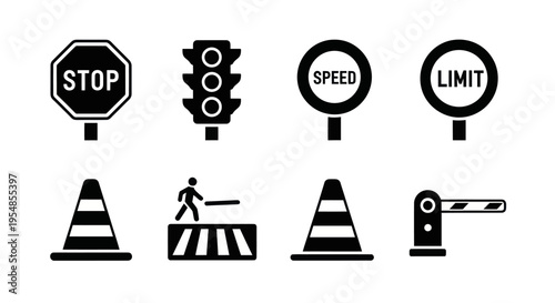 Traffic Signs and Road Safety Icons Collection: Stop, Speed Limit, Traffic Light, Cones, Barrier