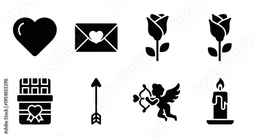 Valentine's Day Icons: Heart, Rose, Cupid, Chocolate, Candle, Envelope, Arrow