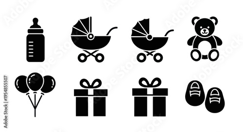 Baby Icons Set: Stroller, Bottle, Teddy Bear, Balloons, Gifts, Shoes