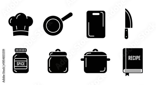 Kitchen Utensils Icons: Chef Hat, Pan, Cutting Board, Knife, Spice Jar, Pot, Cookbook