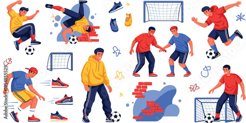 Soccer players action set with dribbling, passing and goal scoring scenes, football athletes training and match situations, dynamic sport vector illustration collection