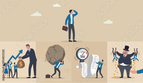 Tax hike go government increase tax or steal money from people, debt or loan interest to pay off, unethical people overcharge bills, greed businessman hold small people shaking to get all their money