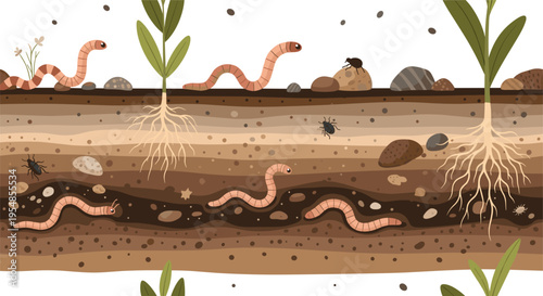 Soil layers cross section with earthworms, insects and plant roots, underground ecosystem illustration showing organic matter, geology and agriculture environment vector design