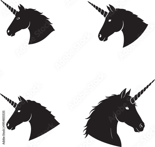 Four black unicorn heads with horns are shown in profile views