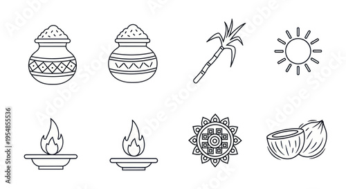 Pongal Festival Icons: Pot, Sugarcane, Sun, Lamp, Kolam, Coconut