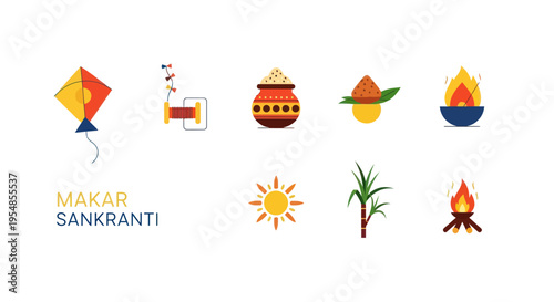 Makar Sankranti Icons: Kite, Pot, Sun, Sugarcane, Fire Pit, Flames