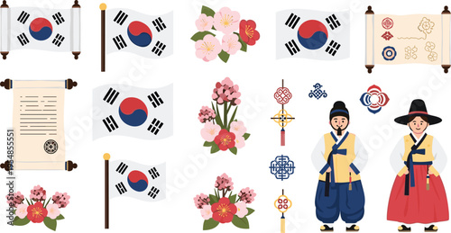 South Korea traditional symbols set with national flag, hanbok characters and cherry blossoms, Korean culture elements collection for heritage and festival vector illustration
