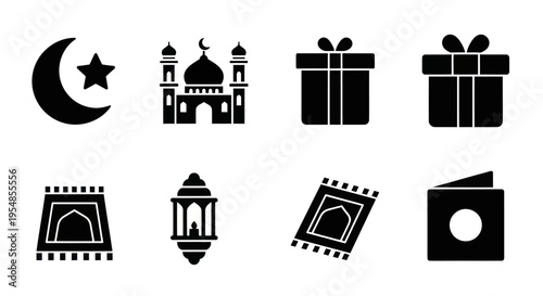 Islamic Holiday Icons: Crescent Moon, Mosque, Gifts, Prayer Rug, Lantern, Card