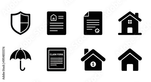 Insurance Icons: Shield, Home, Umbrella, Claim Form, Document, House with Dollar