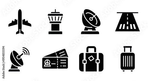 Airport Icons: Airplane, Control Tower, Radar, Runway, Tickets, Luggage