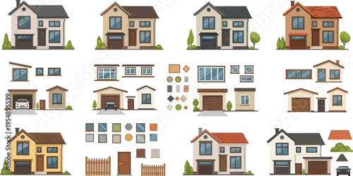 Suburban house elements set with different home facades, windows, doors and exterior details, residential architecture collection for real estate and property design vector illustration