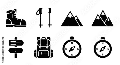 Hiking and Outdoor Adventure Icons: Boot, Poles, Mountains, Compass, Signpost, Backpack