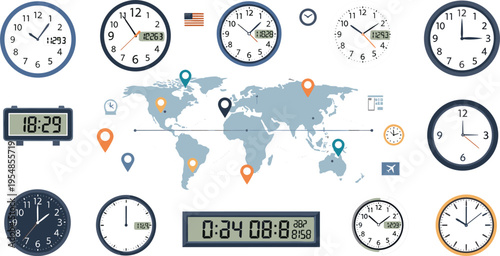 World time zones concept with analog and digital clocks, global map with time markers, business schedule planning, international communication and timezone management vector illustration