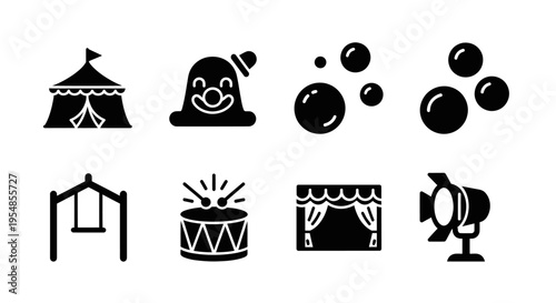 Circus Icons Set: Tent, Clown, Bubbles, Swing, Drum, Stage, Spotlight