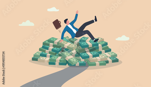 Insurance, reserve money or emergency fund on business failure, mistake accident, compensation money support cushion concept, fail businessman falling huge money banknotes safety cushion